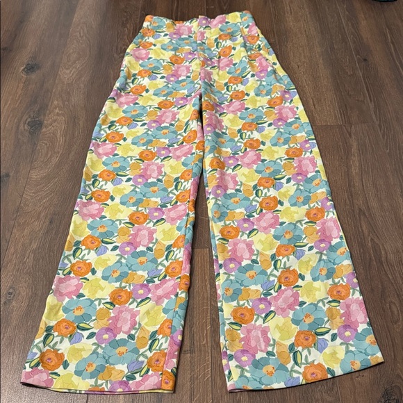 Zara Floral Wide Leg Pants Pink Yellow Multicolor Size XS - Picture 3 of 4